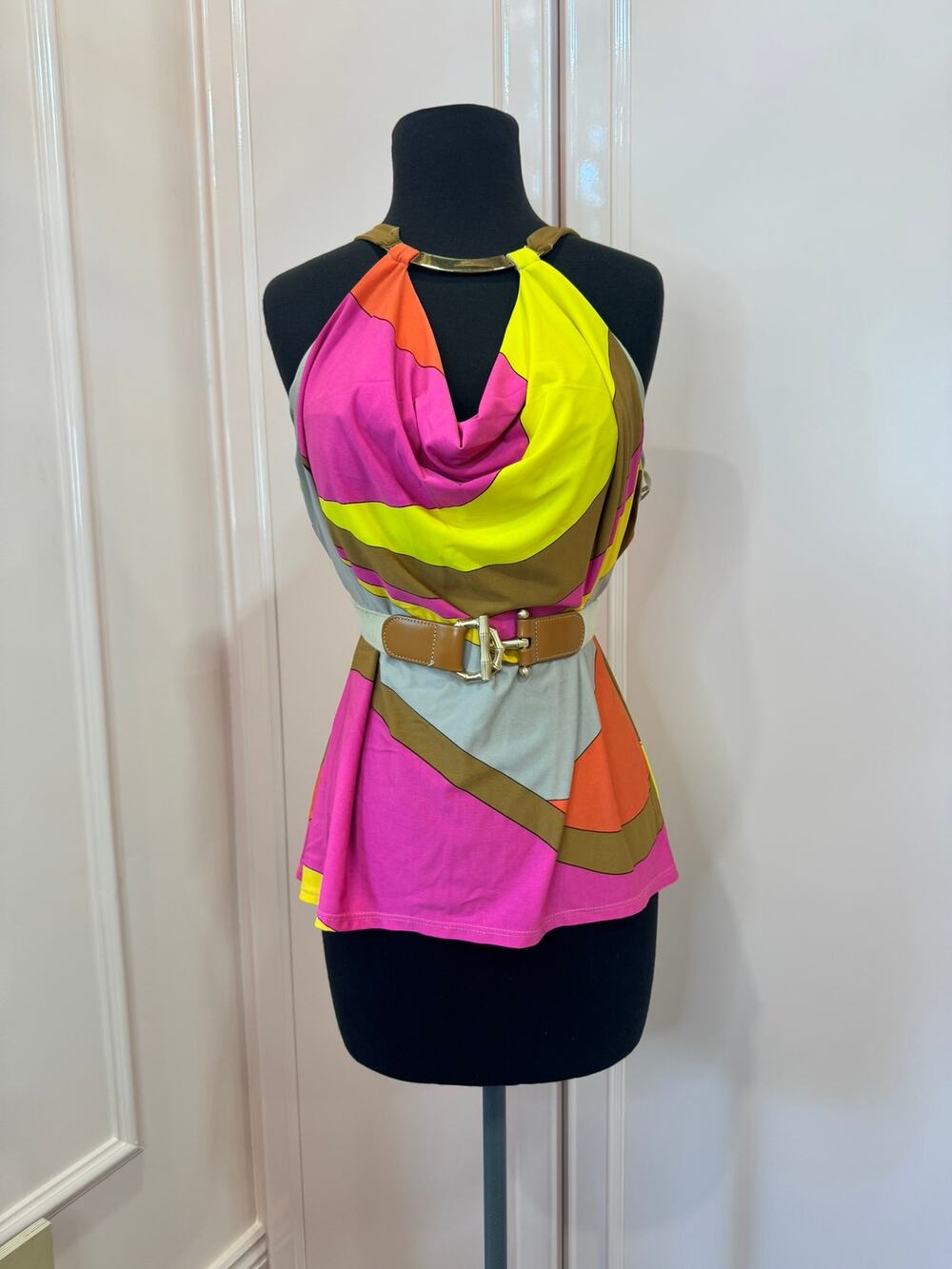 Copied -     Trina Turk Halter Blouse Brass Hadware Pink Orange Tie Back Top